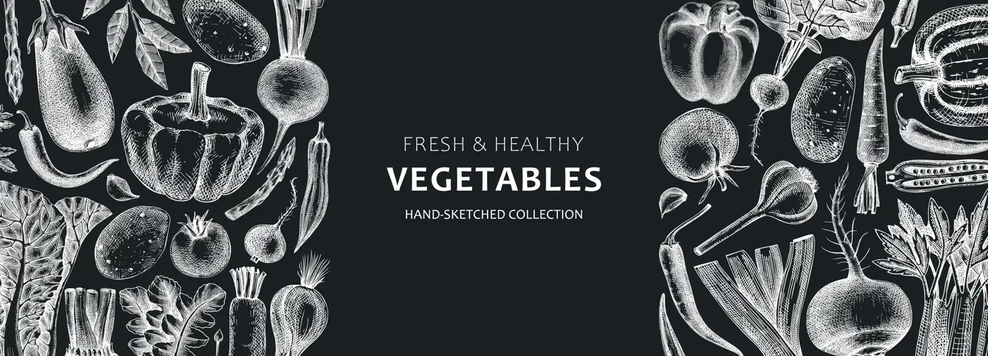 Hand-sketched vegetables design on chalkboard . Hand-drawn tomatoes, squashes, peppers, potatoes, asparagus and other vegetables. Healthy food banner for menu, restaurant, packaging. Botanical frame Illustration